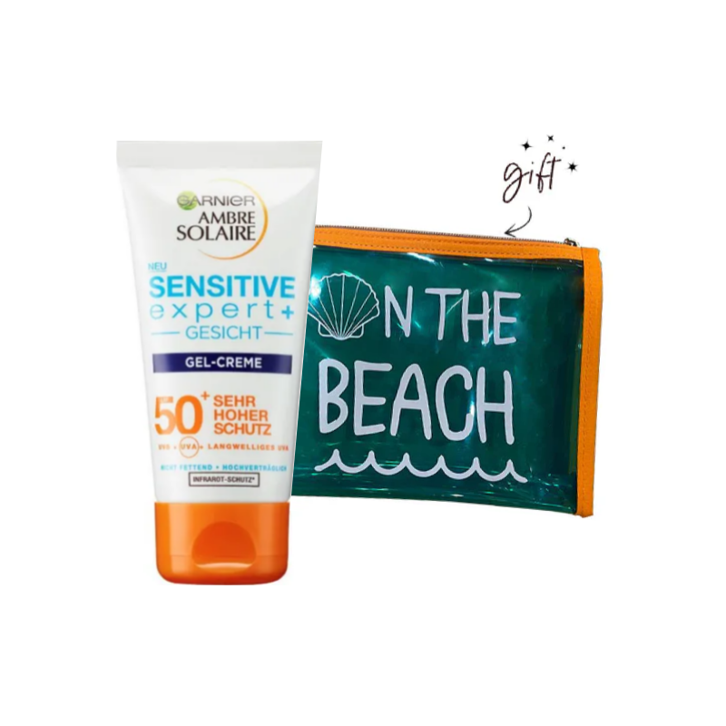 Garnier Ambre Solaire Sensitive Advanced Face SPF 50+ UV Gel Cream and a free pouch