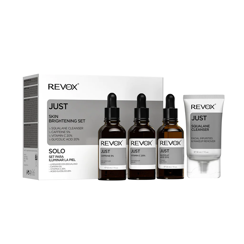 JUST SKIN BRIGHTENING SET 4*30 ML CAFFEINE, VITAMIN C, GLYCOLIC ACID, SQUALANE CLEANSER