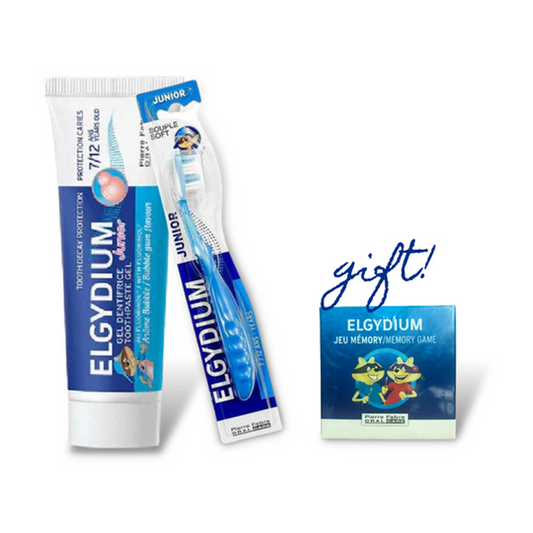 ELGYDIUM JUNIOR BUBBLE GUM TOOTHPASTE + ELGYDIUM JUNIOR TOOTHBRUSH (7-12 YEARS) + (FREE) MEMORY GAME