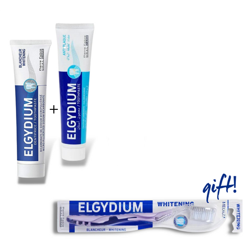 ELGYDIUM ANTIPLAQUE TOOTHPASTE 75ML / 100G + ELGYDIUM WHITENING TOOTHPASTE + (FREE) TOOTHBRUSH